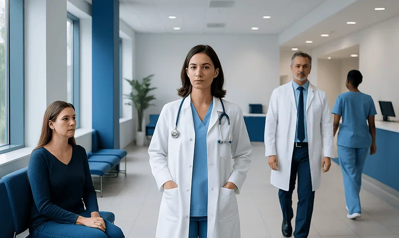 Medical team in hospital corridor with patient waiting area.