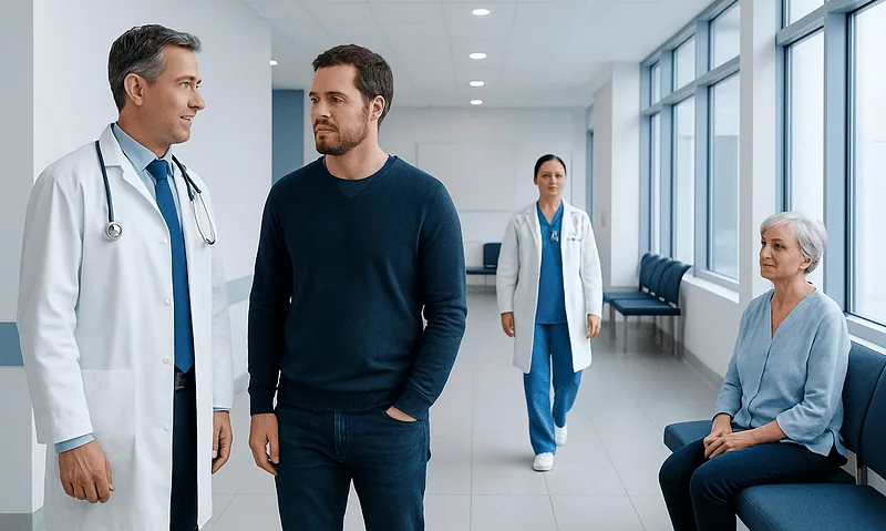Doctor consulting with a patient in a hospital corridor.