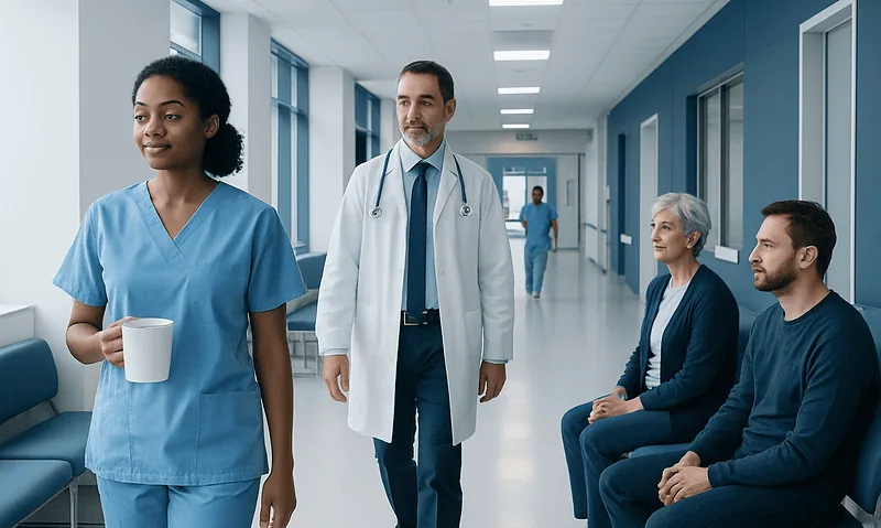 Healthcare professionals and patients in a hospital corridor.