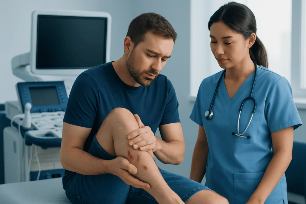 Patient with chigger bites consulting a healthcare professional in a clinic.