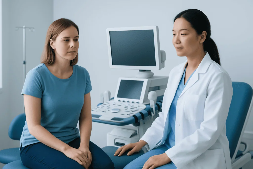 Doctor consulting with a patient in a medical examination room.