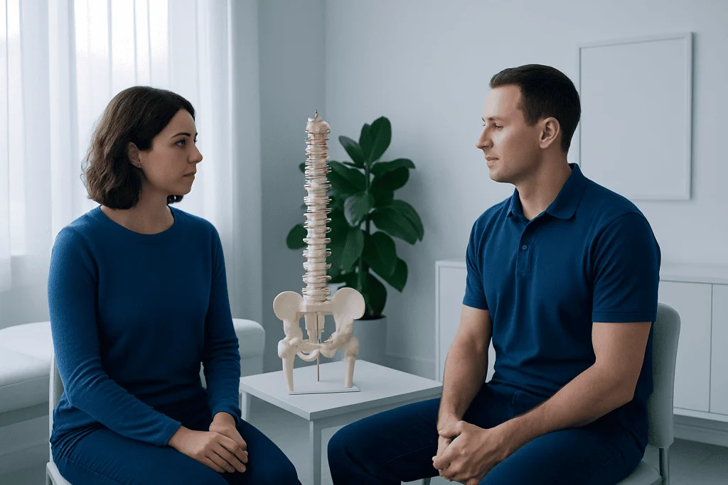 Doctor consulting patient about spine health in a modern clinic.