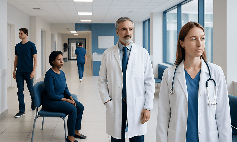 Medical team with patients in a modern hospital corridor.