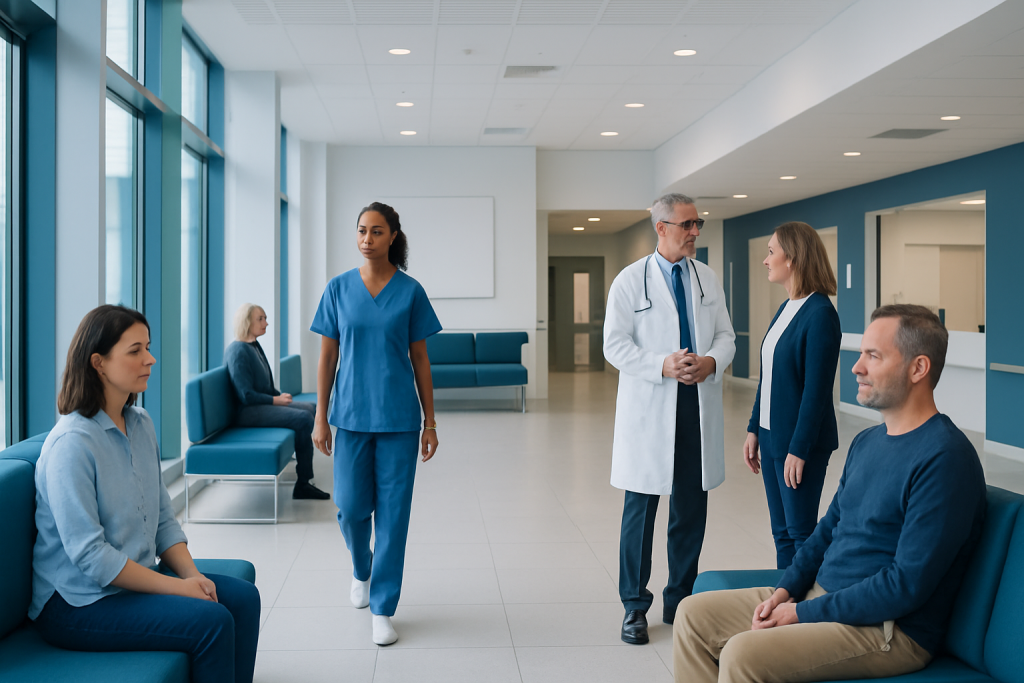 Chloramine Gas — Explained by Medical Evidence, Not Myths 1 Hospital waiting area with medical staff and patients.