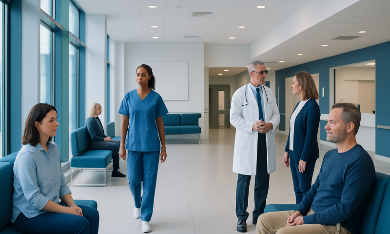 Hospital waiting area with medical staff and patients.