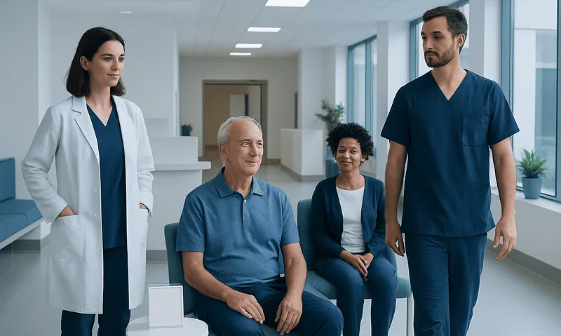 Medical team consulting with patient in modern hospital corridor.