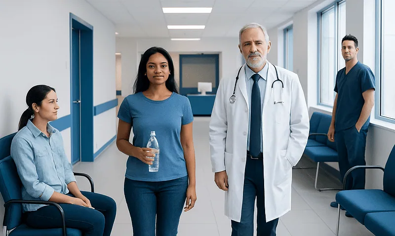 Medical team with doctor and nurses in hospital corridor.
