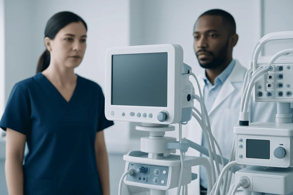 Medical professionals monitoring patient using hospital equipment in a clinical setting.