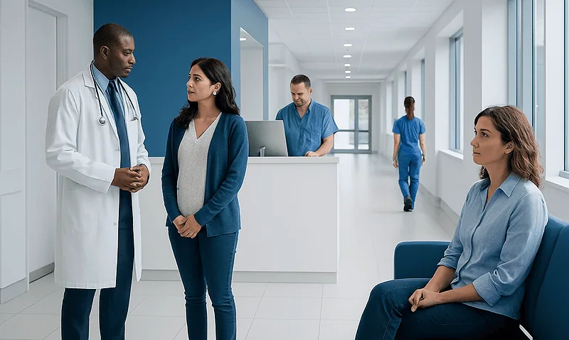 Medical consultation in a modern hospital corridor with healthcare professionals and patient.