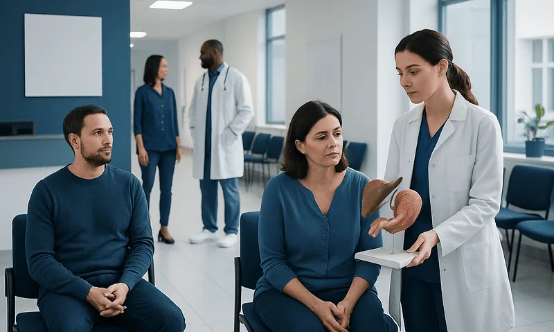 Doctor explaining medical condition to female patient in hospital.