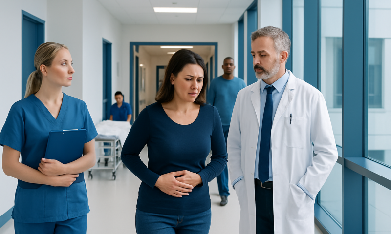 Doctor consulting a patient in a hospital corridor with nurses nearby.