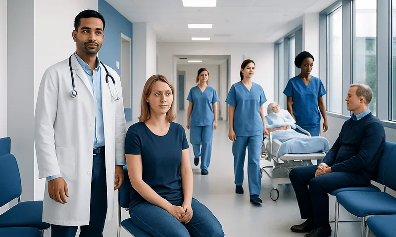 Medical team and patient in hospital corridor at Acibadem Hospitals Group.