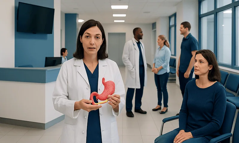 Doctor explaining stomach anatomy to patient in hospital corridor.