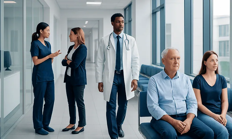 Medical team and patients in a hospital corridor.