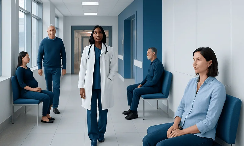 Medical professionals and patients in a hospital corridor.