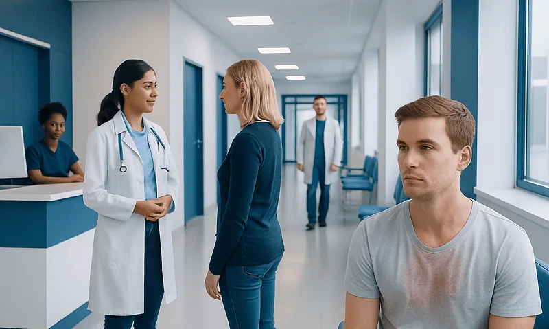 Patient consulting with doctor in hospital corridor at Acibadem Hospitals Group.