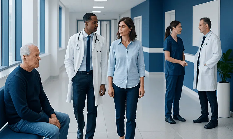 Medical team consulting with elderly patient in hospital corridor.