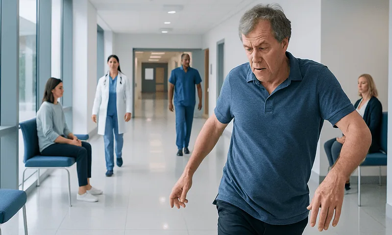 Man experiencing chorea symptoms in a hospital corridor with medical staff nearby.