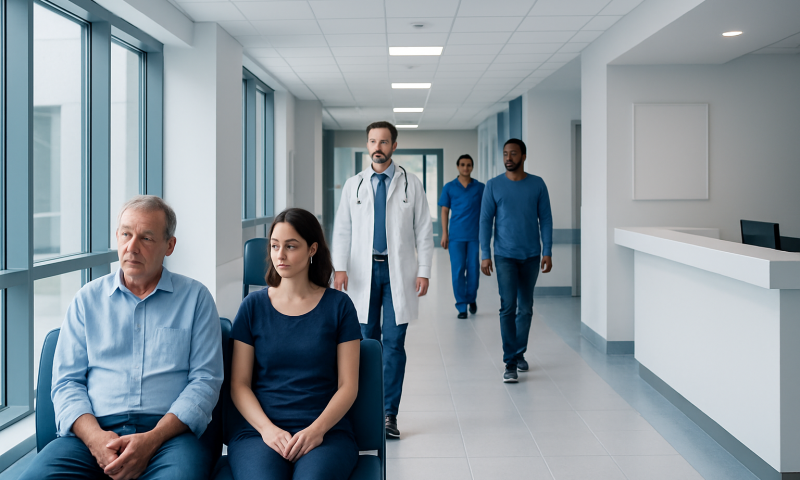 Medical staff and patients in a hospital corridor at Acibadem Hospitals Group.