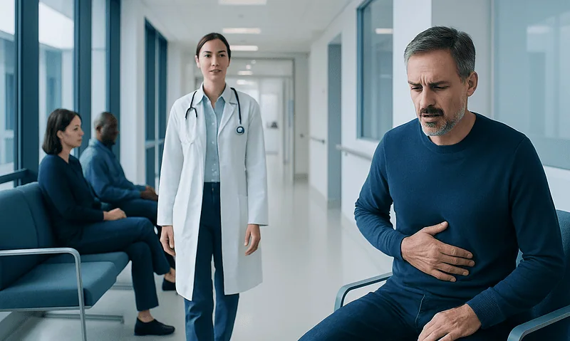 Patient experiencing stomach pain in hospital corridor with medical staff nearby.