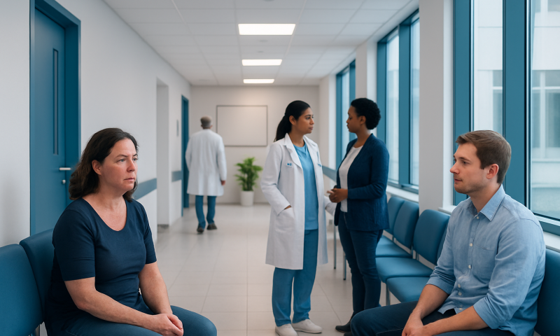 Patients and medical staff in a hospital corridor discussing health concerns.