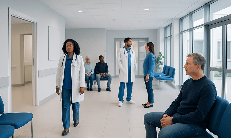 Medical professionals and patients in a modern hospital waiting area.