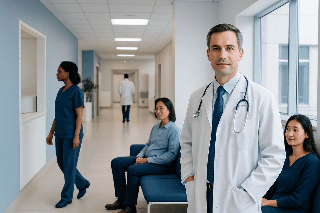 Cipro: A Complete Medical Overview 1 Medical team and patients in a modern hospital corridor at Acibadem Hospitals Group.