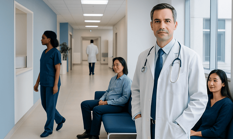 Medical team and patients in a modern hospital corridor at Acibadem Hospitals Group.
