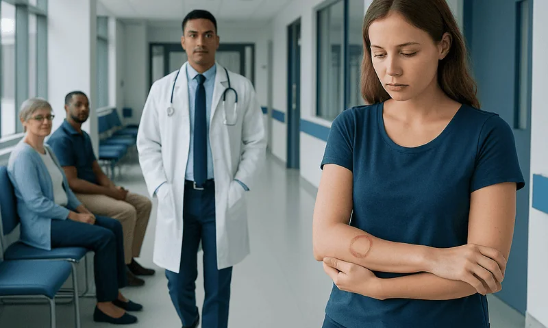 Young woman with a circular rash on her arm in a medical clinic.