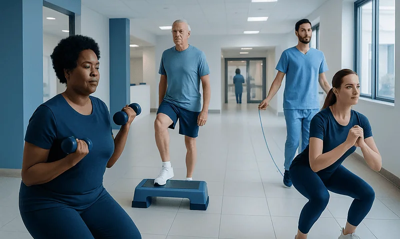 Patients performing circuit training exercises in a hospital rehabilitation center.