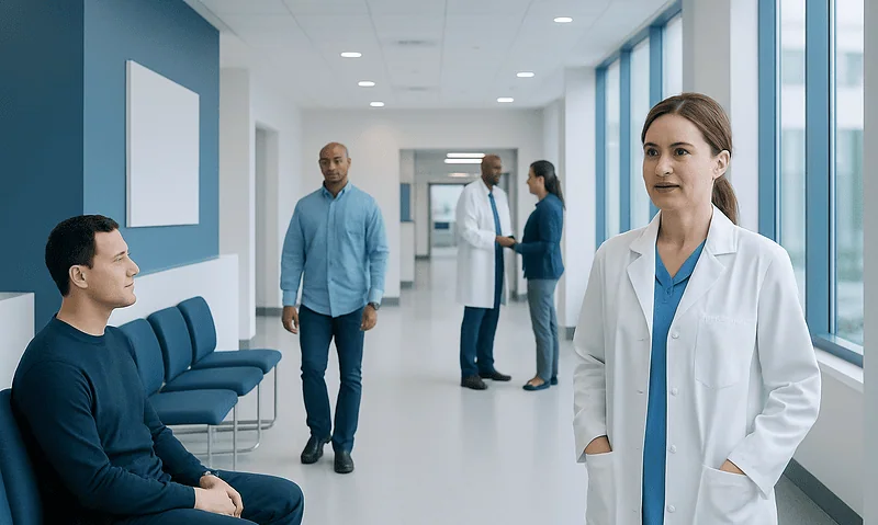 Medical professionals and patient in hospital corridor at Acibadem Hospitals Group.