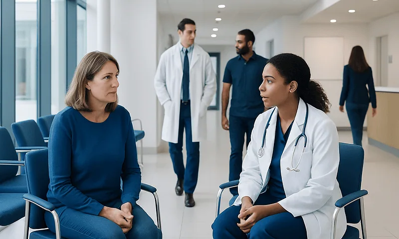 Doctor consulting a patient in a hospital waiting area.