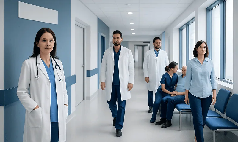 Medical team walking in hospital corridor at Acibadem Hospitals Group.