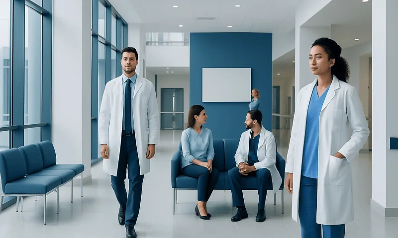 Medical professionals waiting in a modern hospital corridor.