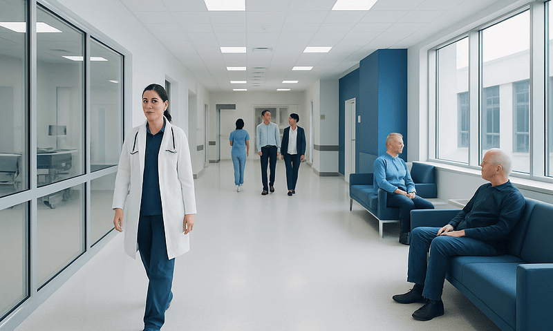 Healthcare professionals and patients in a modern hospital corridor.