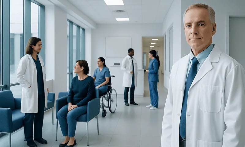 Medical team consulting with patient in hospital corridor at Acibadem Hospitals Group.