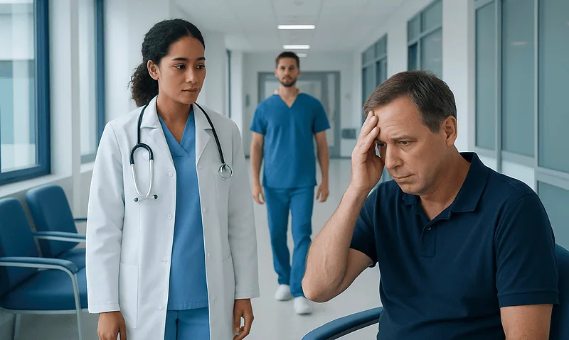 Patient experiencing headache in hospital corridor with medical staff nearby.