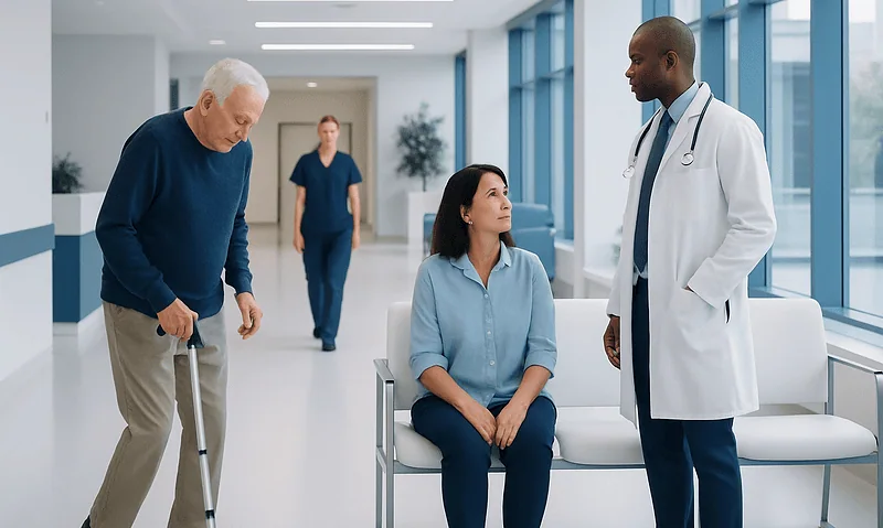 Claudication: An Evidence-Based Guide for Patients 9 Elderly man with cane consulting with doctor and nurse in hospital corridor.