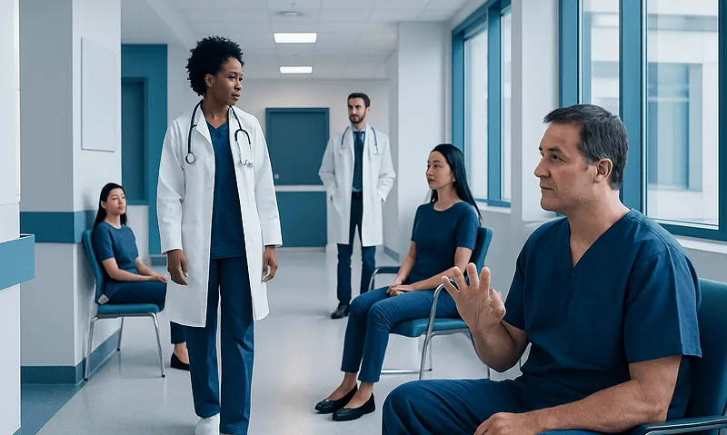 Medical team discussing patient care in hospital corridor.