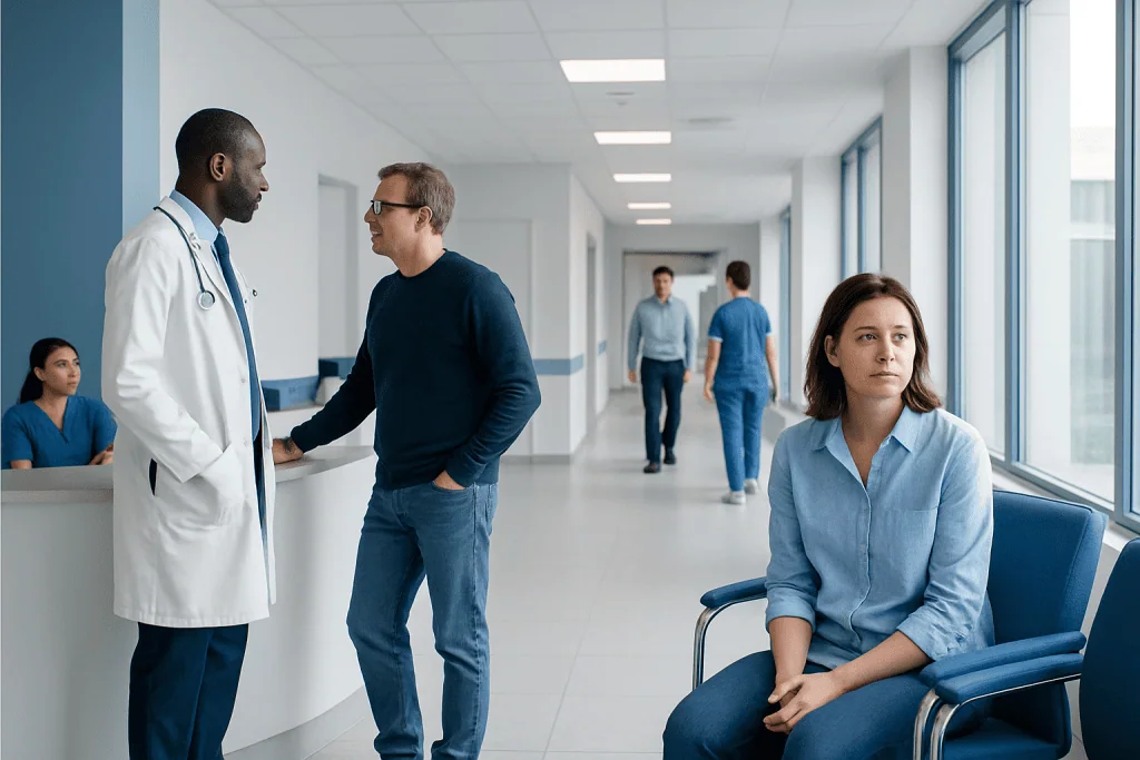 Clay Colored Stool: A Complete Medical Overview 1 Doctor talking to a patient in a hospital corridor with other patients nearby.