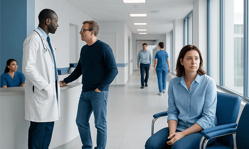 Doctor talking to a patient in a hospital corridor with other patients nearby.