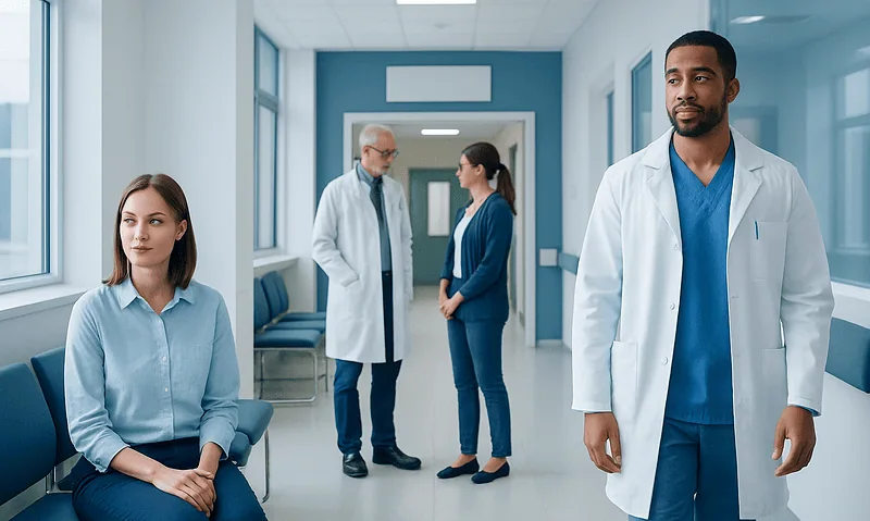 Medical professionals in a hospital corridor with patients and staff.
