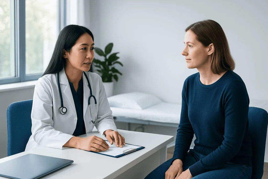 Doctor consulting with a patient in a modern clinic setting.
