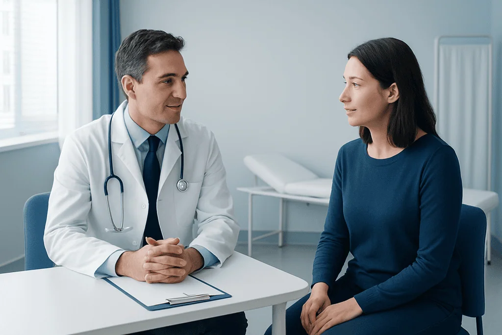 Doctor consulting with a female patient in a medical office.