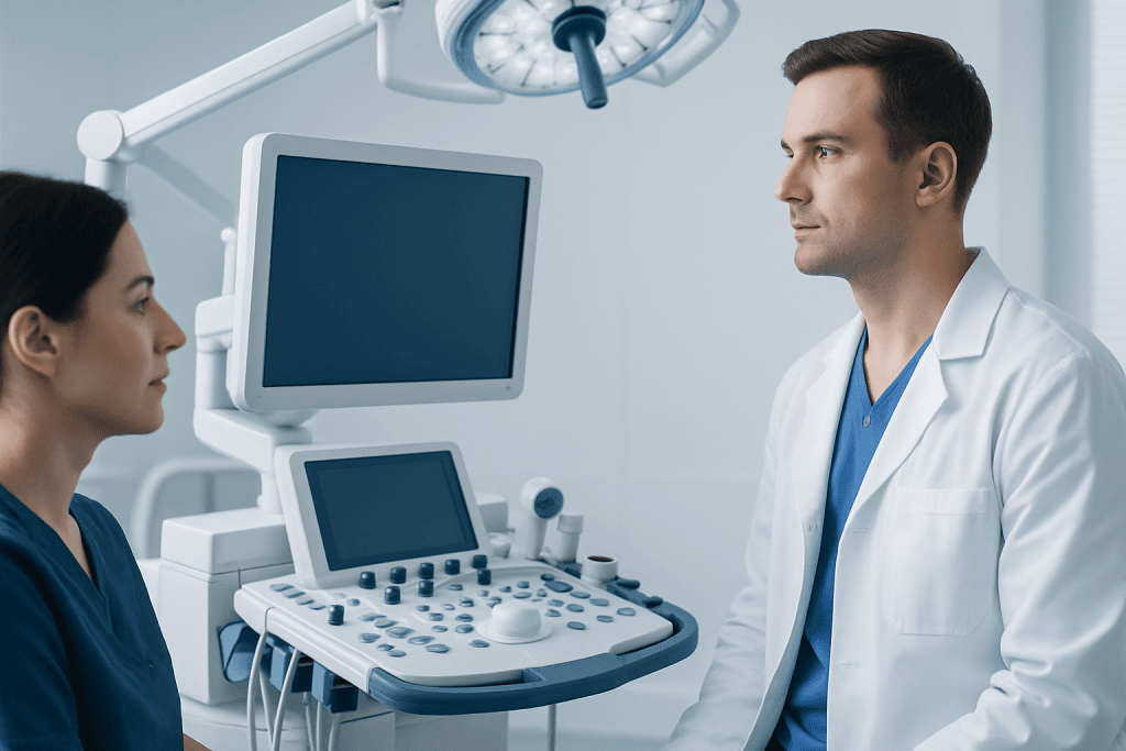 Doctor consulting with patient in a modern hospital room.