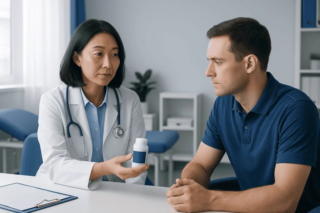 Doctor explaining supplement benefits to male patient in clinic.