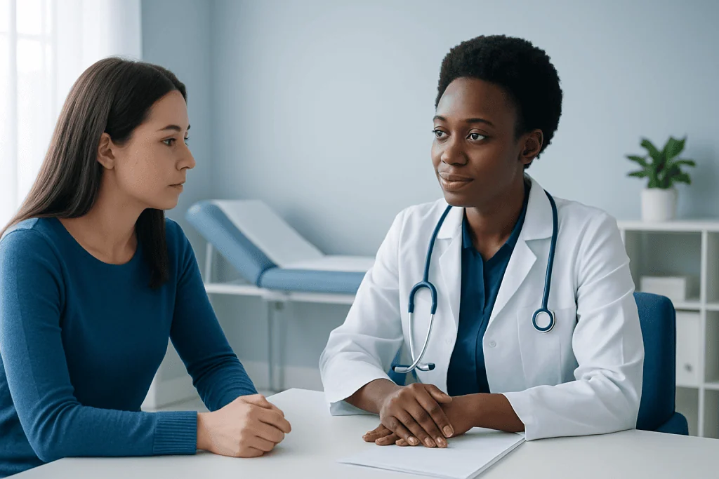 Doctor consulting with a patient in a medical office setting.