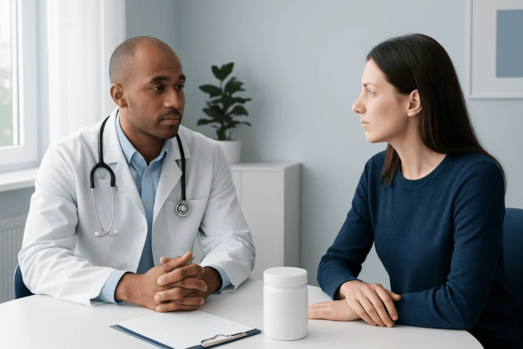 Doctor consulting with a female patient in a medical office setting.