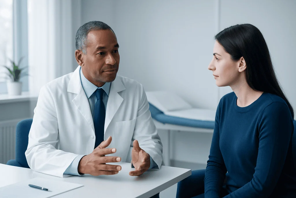 Doctor consulting with a young woman in a medical office.