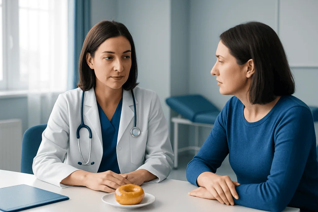 Doctor consulting patient in a medical office with a donut on the table.